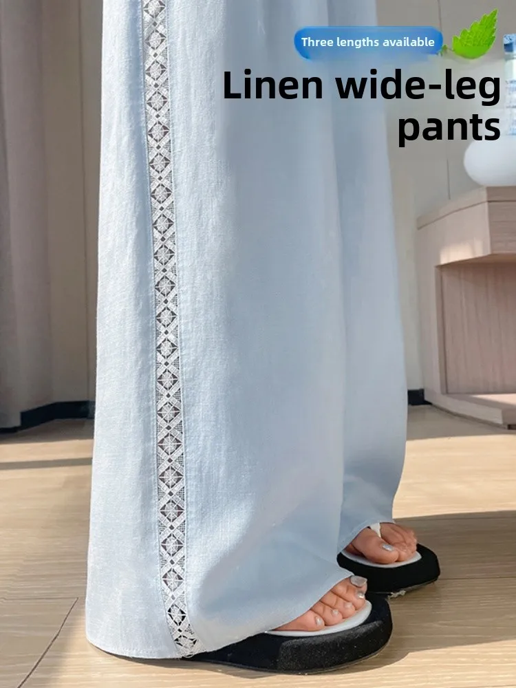 

Синие шелковые брюки-палаццо с высокой талией для женщин, летние, тонкие, с кружевными вставками, прямые, модные, в стиле самба