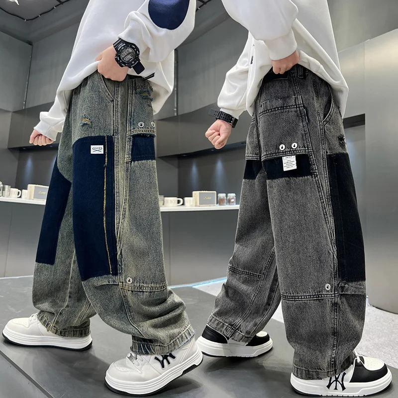 Autumn New Arrival Boys Fashion Patchwork Jeans Child Casual Straight Leg Loose Fit Denim Trousers Trendy Brand Big Kids