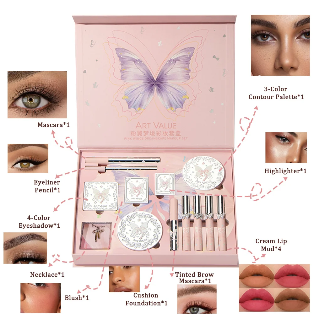 Valentine's Day Makeup Gift Set, Includes Lip Gloss, Eyeshadow, Air Cushion,Contour, Highlighter & Mascara,Complete Cosmetic Kit