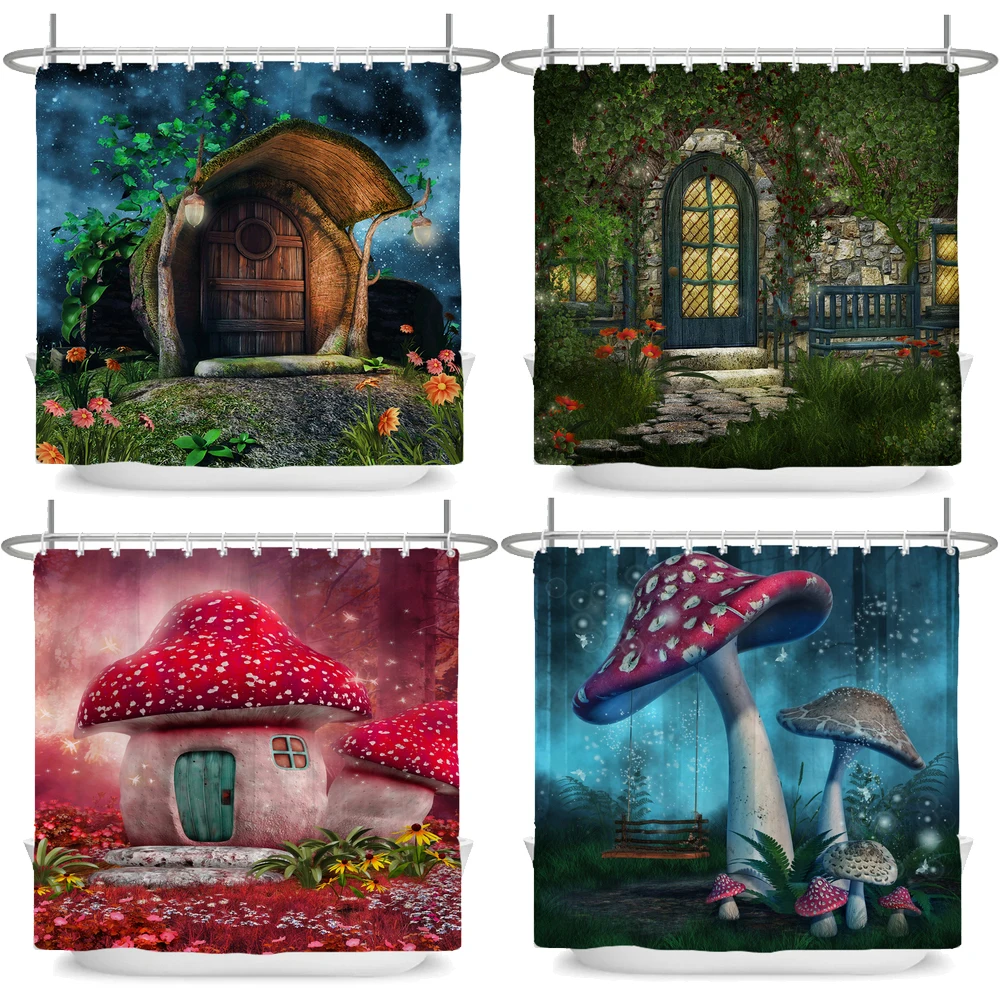Enchanted Forest Shower Curtain Cartoon Magic Tale Mushroom Wonderland Gothic Shower Curtain Waterproof Bath Decor With Hooks