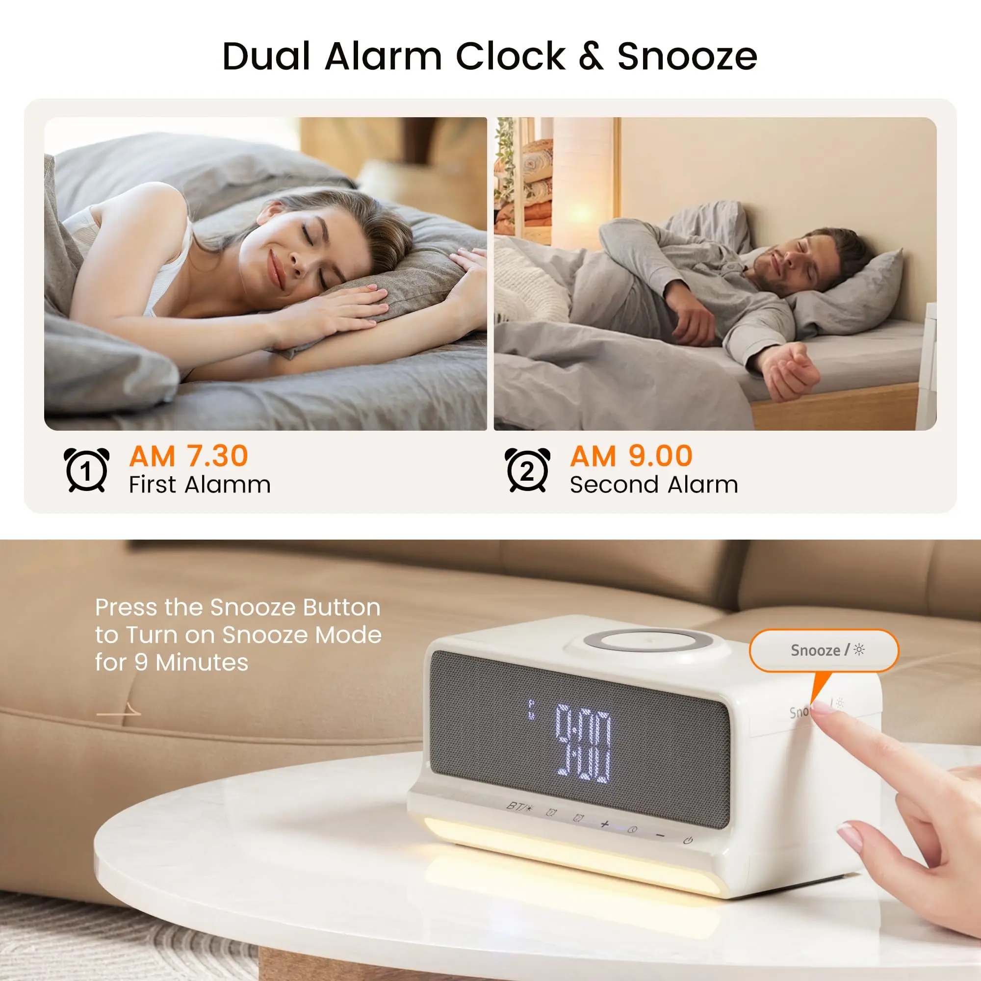 W607 4-in-1 Bluetooth Speaker with 15W Wireless Charger, Alarm Clock & Night Light,Dual Speaker Stereo Sound for Bedroom Office