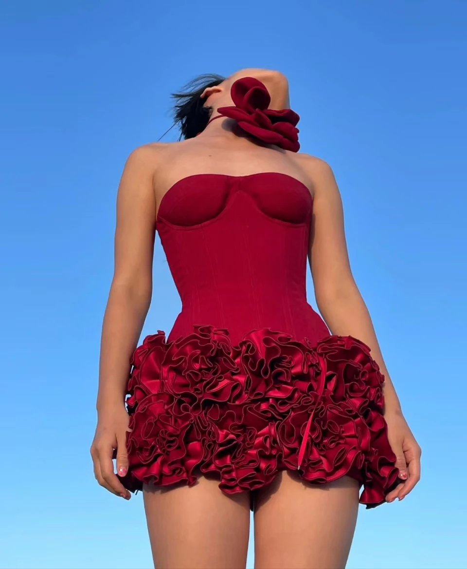 Robe de soirée rouge sans bretelles, tenue de luxe, tenue de fête d'anniversaire, à fleurs rouges, pour invités de mariage, automne 2024