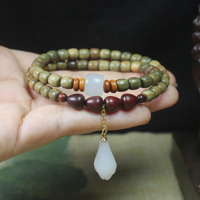 Green Sandalwood Bucket Beads DIY Magnolia Pendant Bracelet Women's Forest Style Wenwan Prayer Beads Accessories Gifts