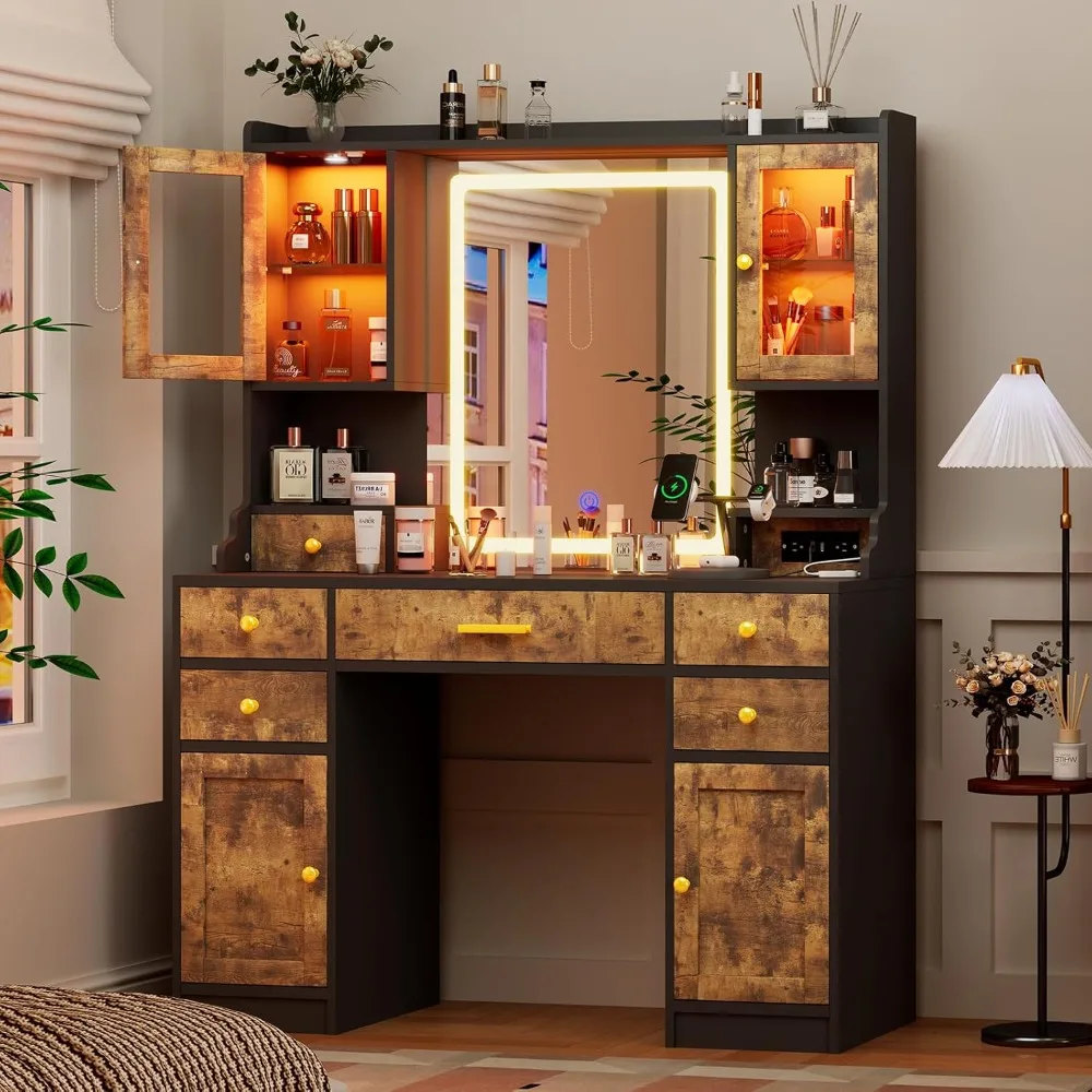 Tocador de maquillaje de granja con 5 cajones, 2 puertas correderas RGB y toma de corriente, 3 modos de iluminación de color, tocador grande para dormitorio
