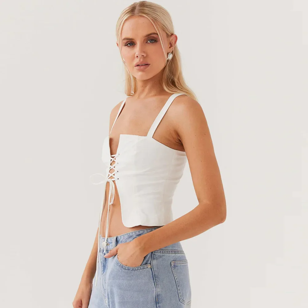 Lace-up Crop Tops Woman Solid Color Sling Corset Shapewear Sexy Sleeveless Slim Tank Top Summer Casual Camisole High Street Vest