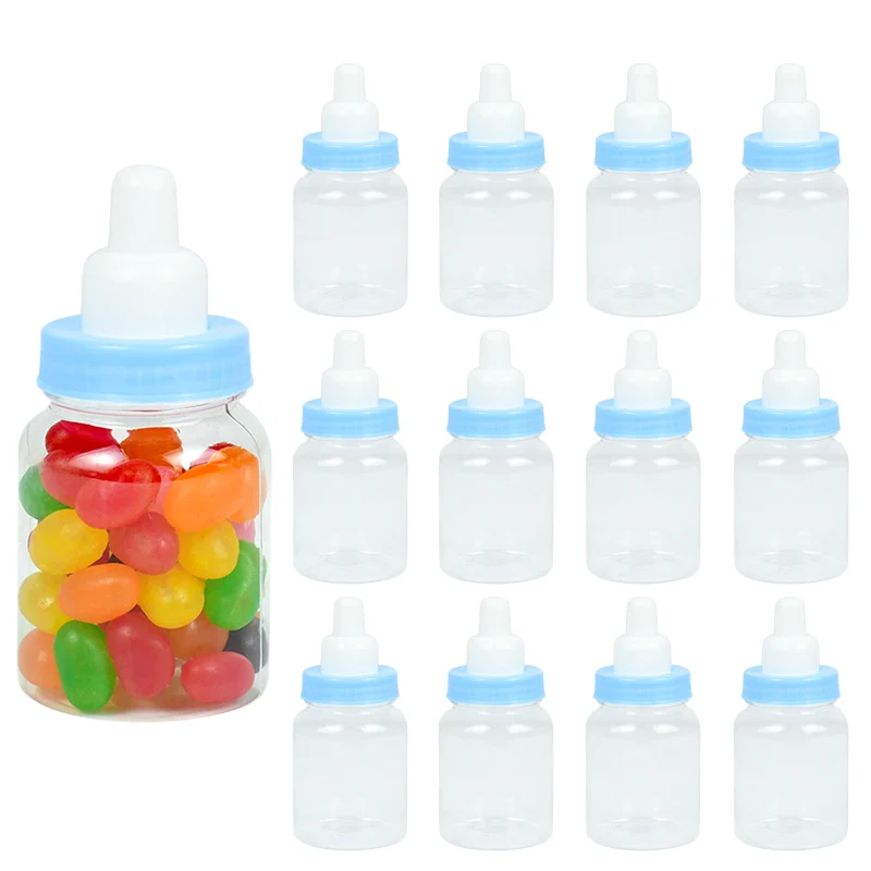 

12pcs Boy Girl Plastic Feeder Bottle Blue Pink Candy Boxes Baptism Christening Decoration Gender Reveal Baby Shower Party Gift