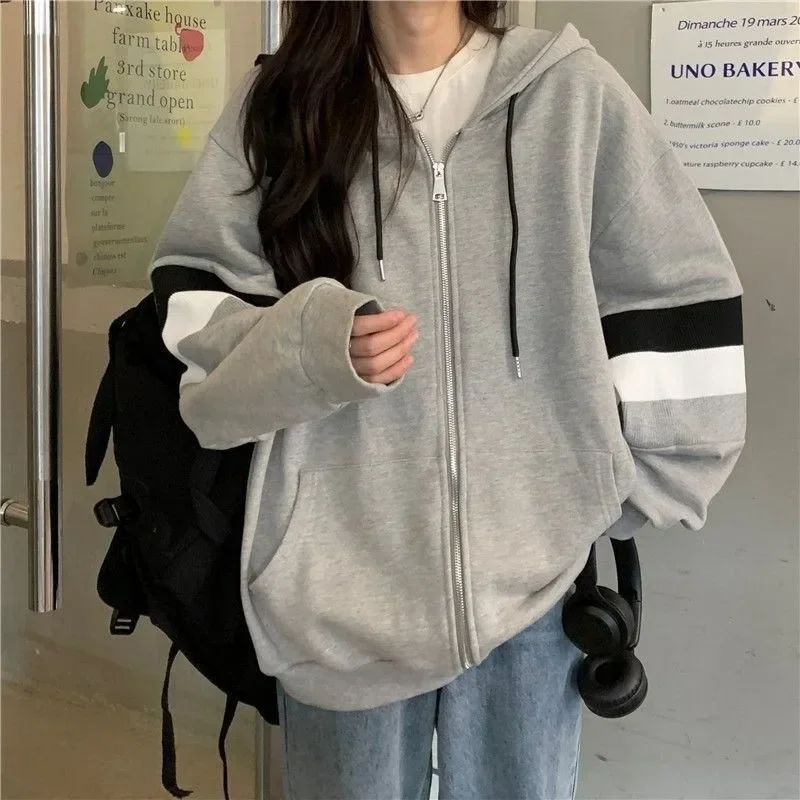 

Y2k Korean Style Hooded Zip-up Oversize Striped Sweatshirt Women Autumn Outerwear Long Sleeve Preppy Hoodies Harajuku Vintage