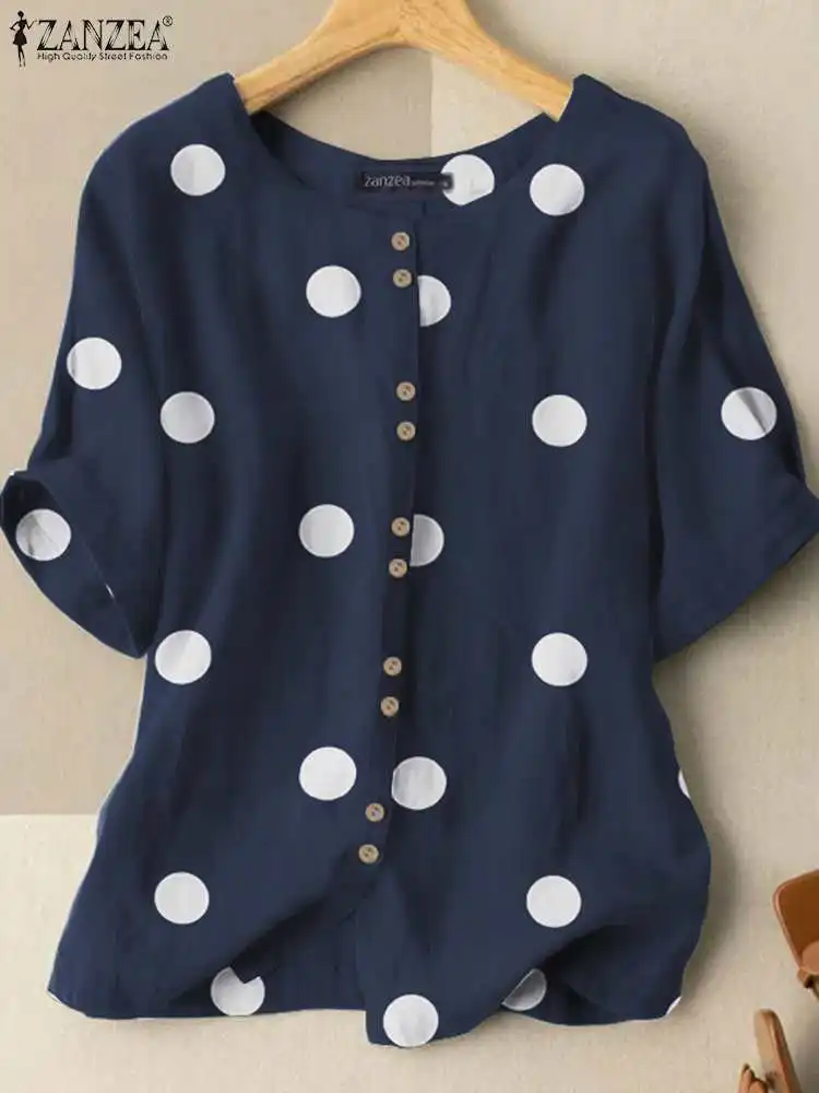 ZANZEA Fashion Women Polka Dot Printed Blouse Summer Shirt Elegant Short Sleeve Buttons Down Blusas OL Work Tops Tunic Mujer