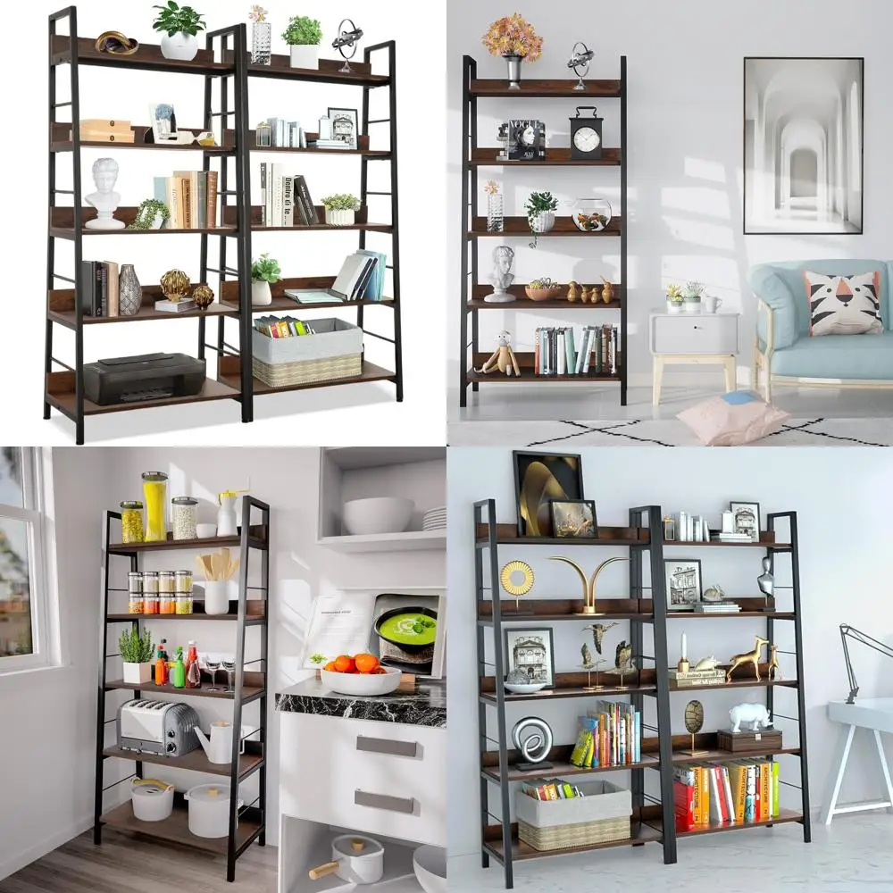 Large 5-Tier Industrial Style Floor Standing Bookshelf with Leaning Ladder Design for Storage and Plant Display