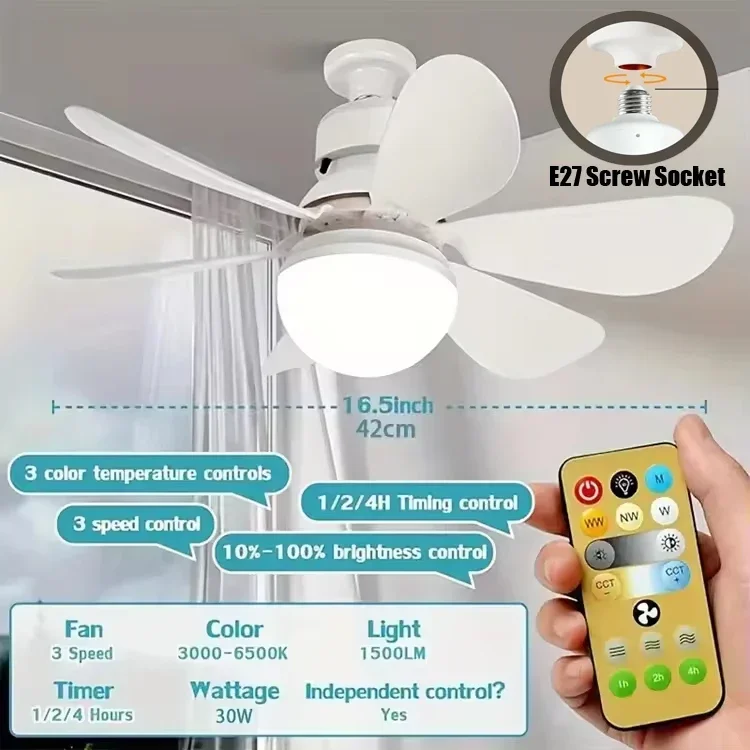 40W LED Ceiling Fan Lamp E27 With Remote Control Safety 360 Socket Fan 3 Speed Strong Wind Silence For Room Home Lighting