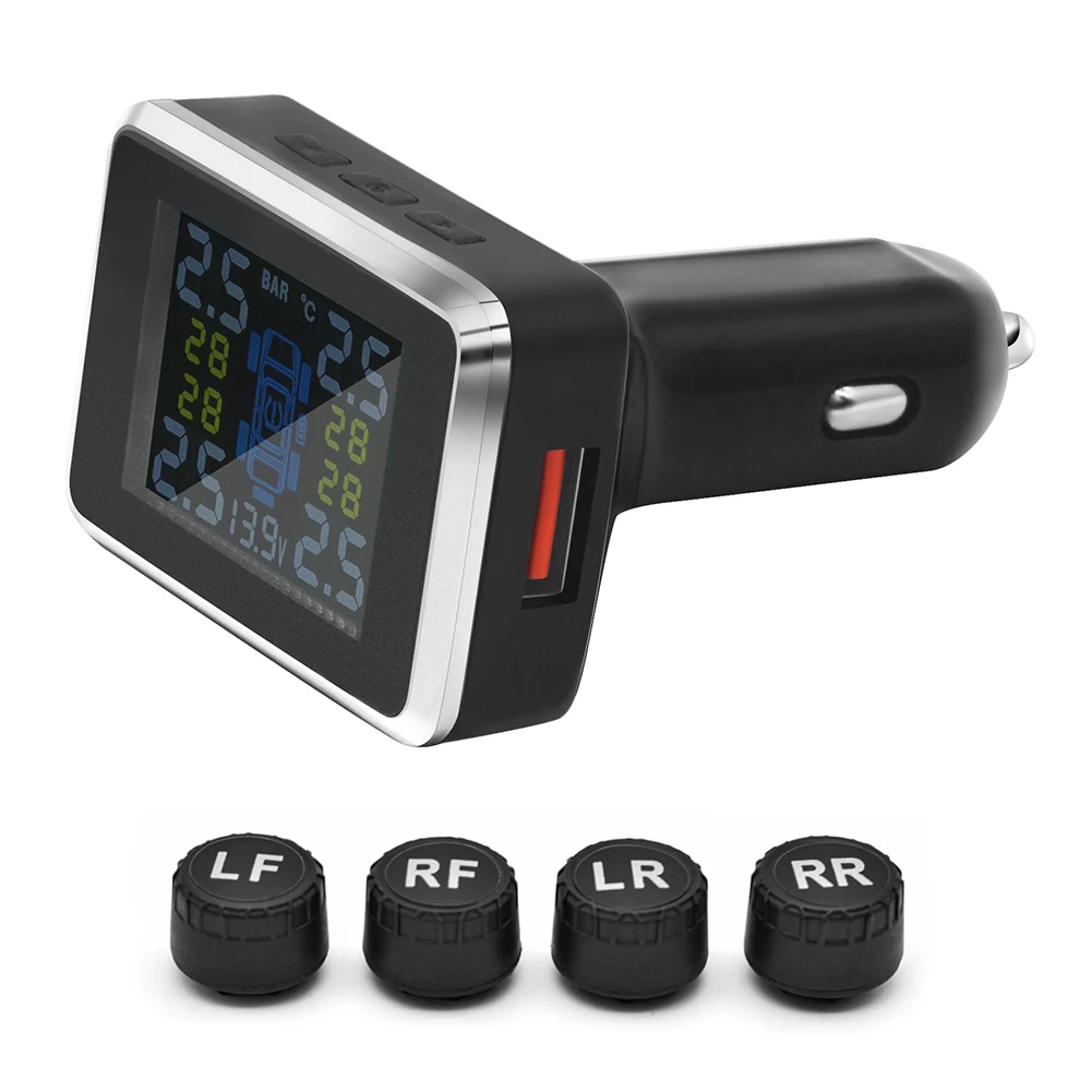 

Wireless Car TPMS Tire Pressure Monitoring System LCD Display Car TPMS Cigarette Lighter Tyre Pressure Temperature Warning Alarm