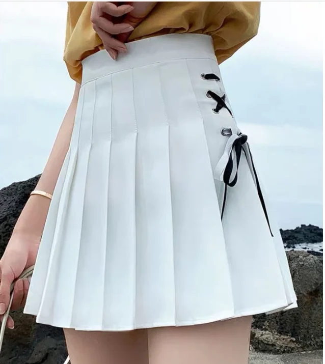 

Summer Dress female 2022 new Pleated solid color tie college style short A-line mini skirt Safety lining High waist small fresh