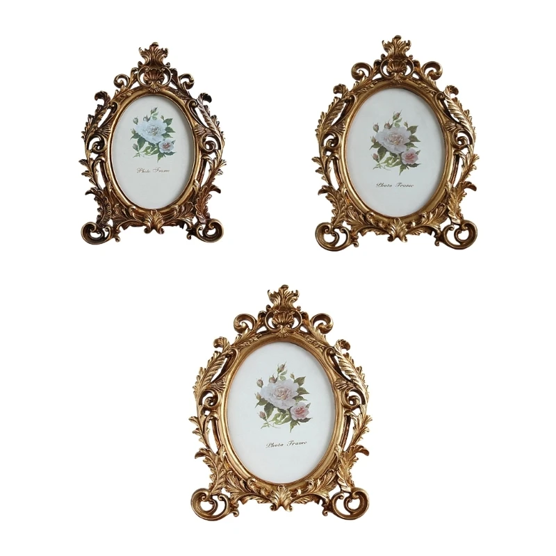 Old Fashioned Oval Picture Frame Resin Golden Flowers Photo Display Home Decors 3XUF – Detail 1