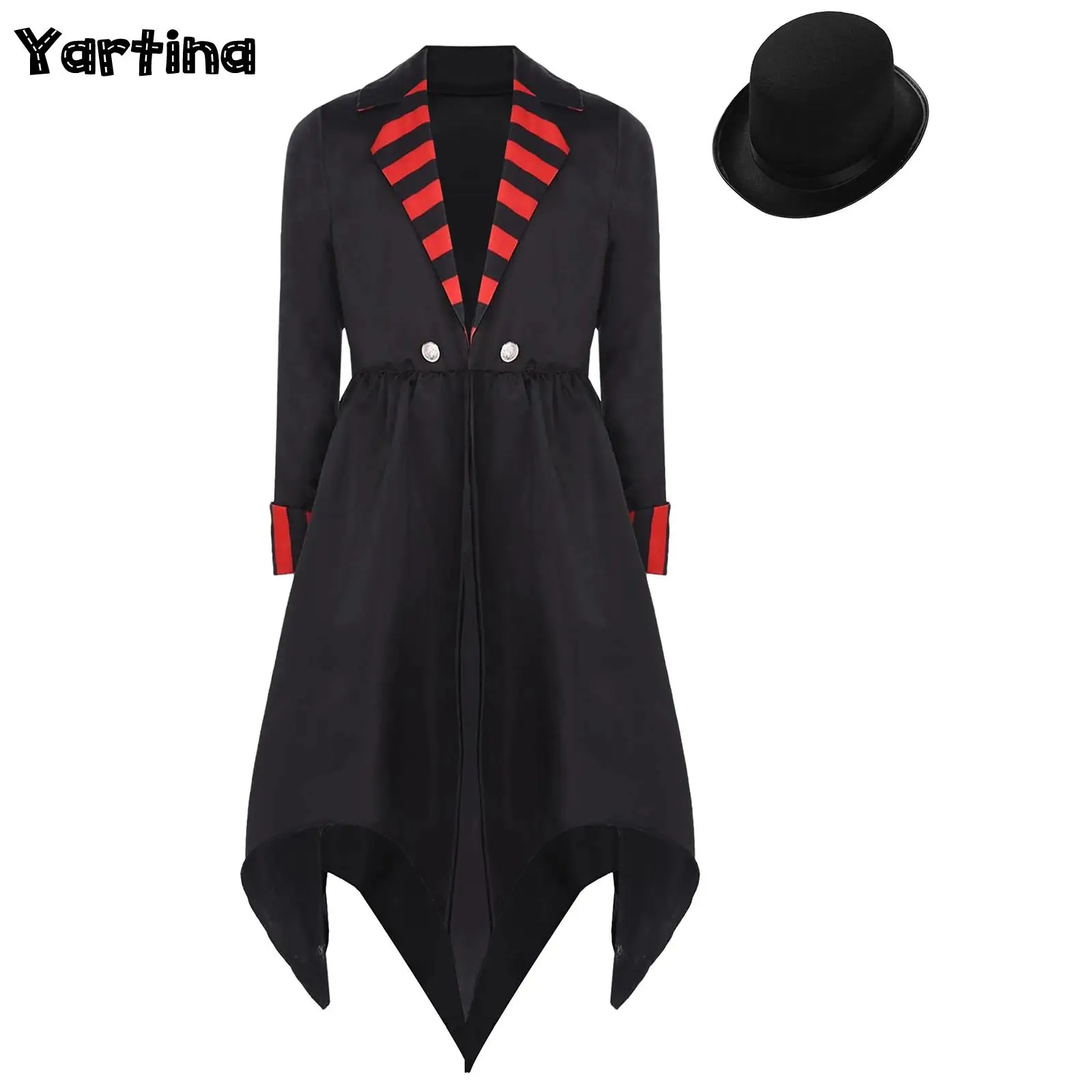 

Girls Halloween Gothic Vampire Cosplay Costume Notched Lapel Irregular Hem Coat with Felt Top Hat Dress Up Party Costume