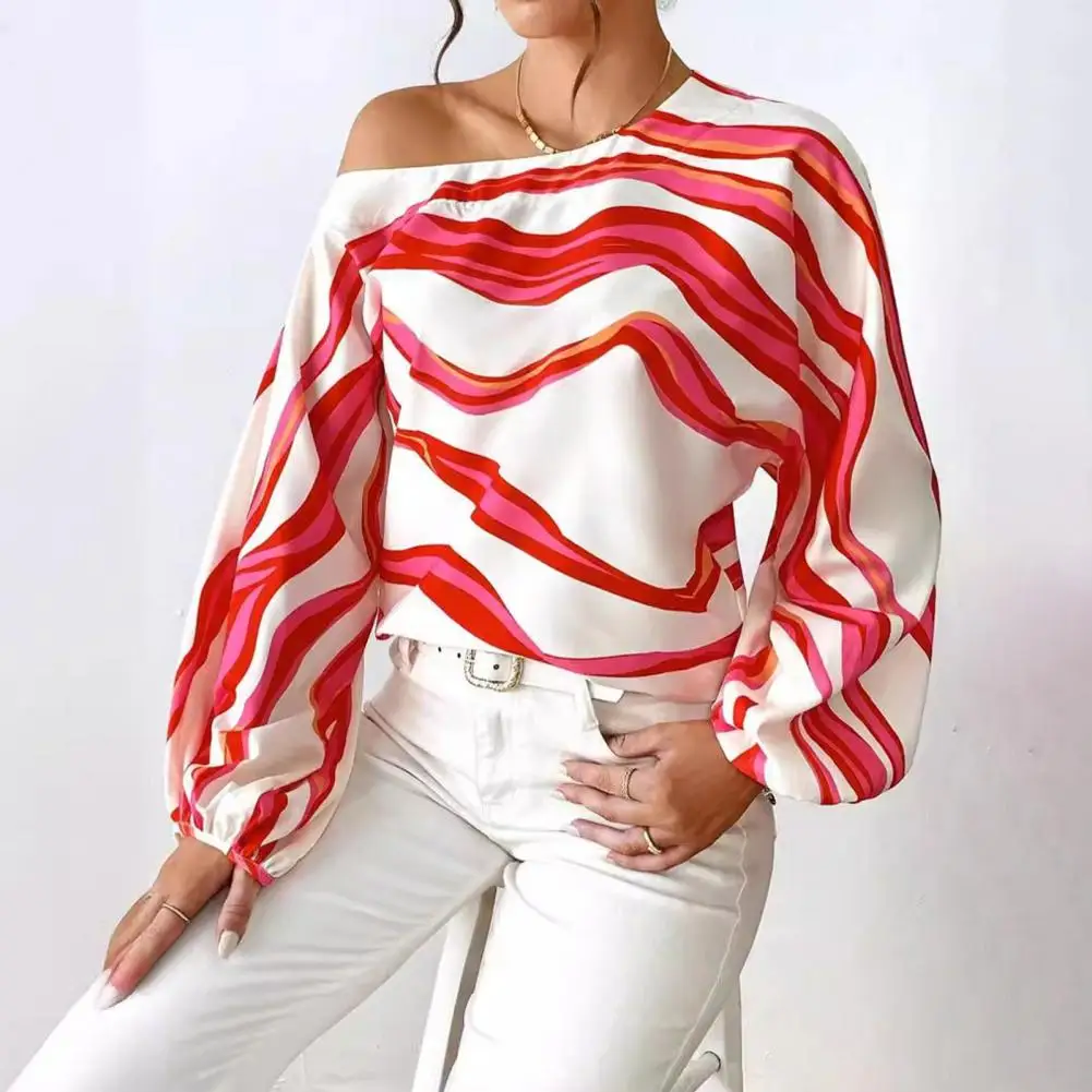 Regular Fit Women Blouse Geometric Striped Print Women\'s Spring Summer Blouse with Lantern Long Sleeve Slash Neck for Women