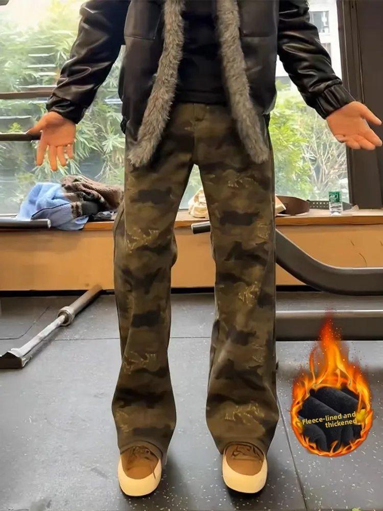 

Мужские джинсы American Sle в стиле ретро с камуфляжным ножом на подкладке High Street Vibe для похудения, длинные прямые джинсы