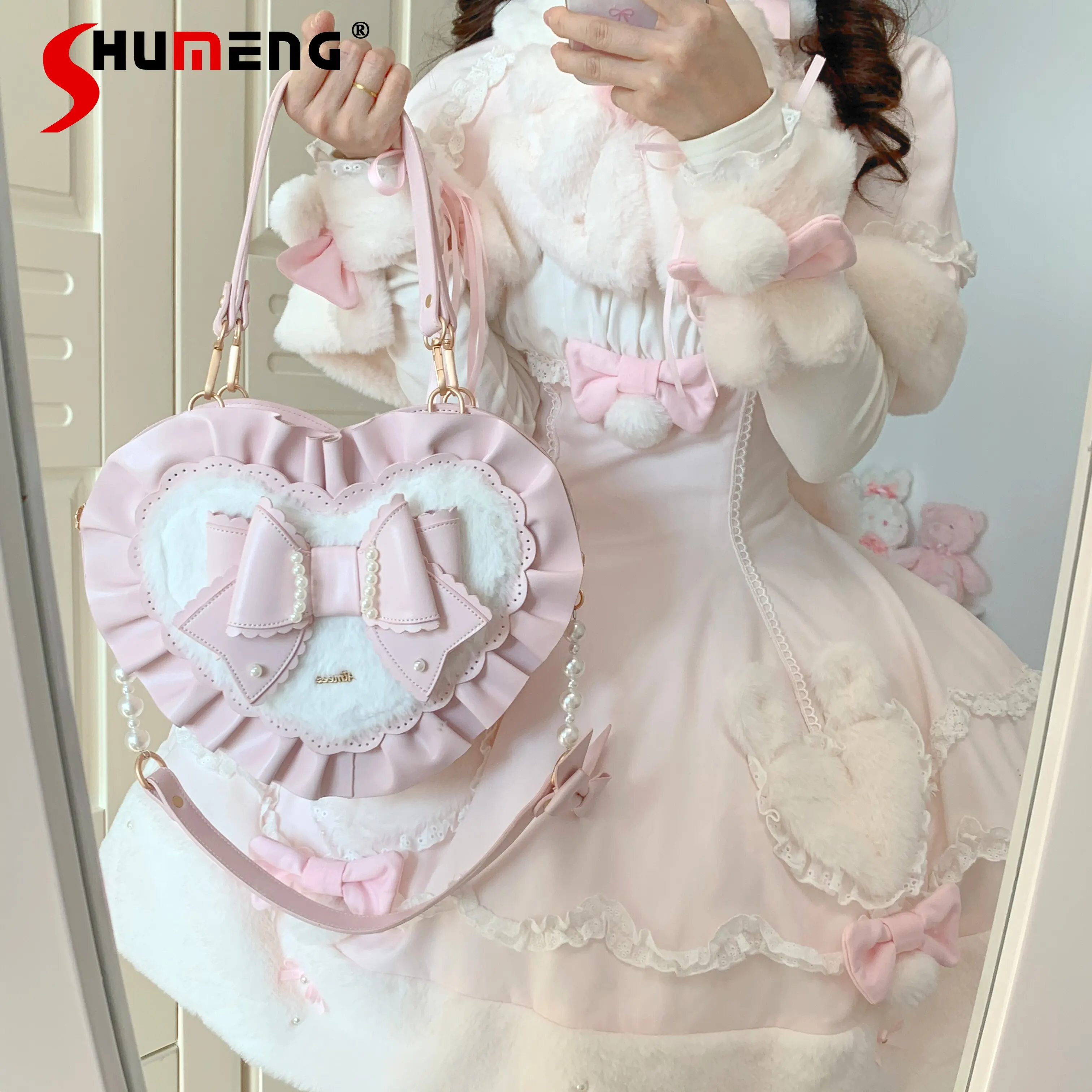 

Original Cute Girls Lolita Pink Handbag 2026 New Woman's Sweet Kawaii Love Shape Lo Handbag Ladies Shoulder Y2k Messenger Bag
