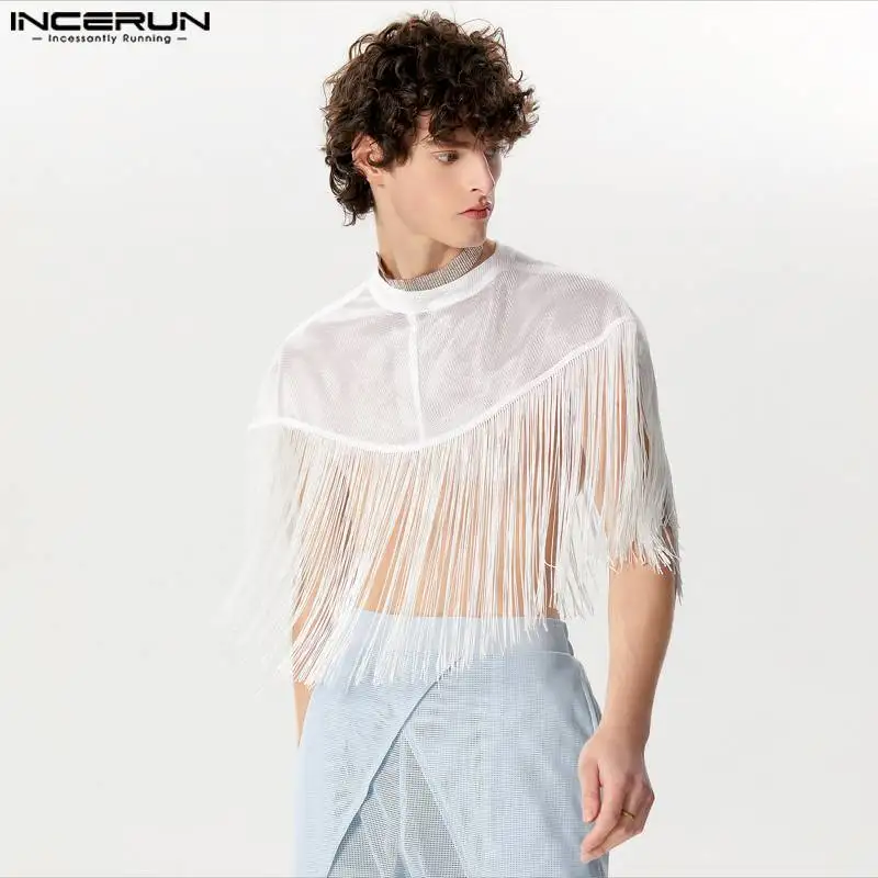 2024 Men Tank Tops Cloak Tassel Patchwork O-neck Sleeveless Irregular Vests Streetwear Sexy Fashion Male Ponchos INCERUN S-5XL