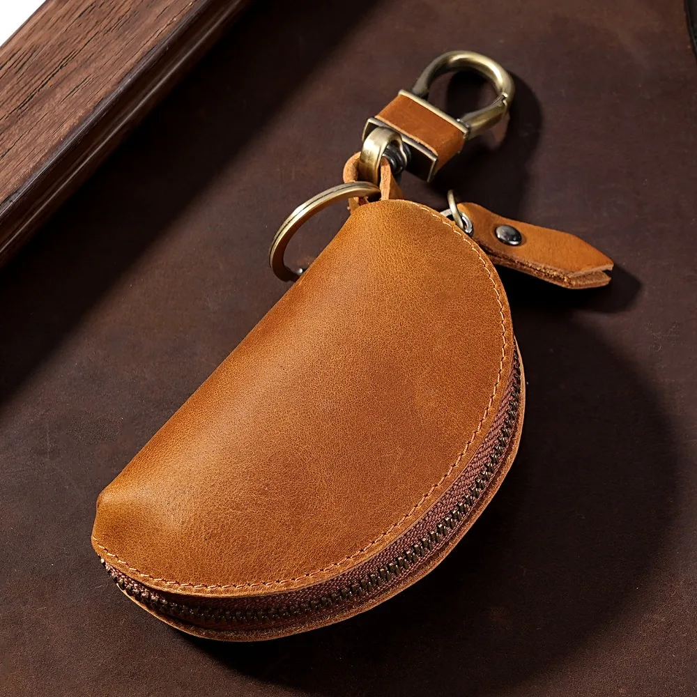 Étui à clés de voiture en cuir véritable Crazy Horse multicolore avec mousqueton – Porte-clés élégant et simple pour l'extérieur