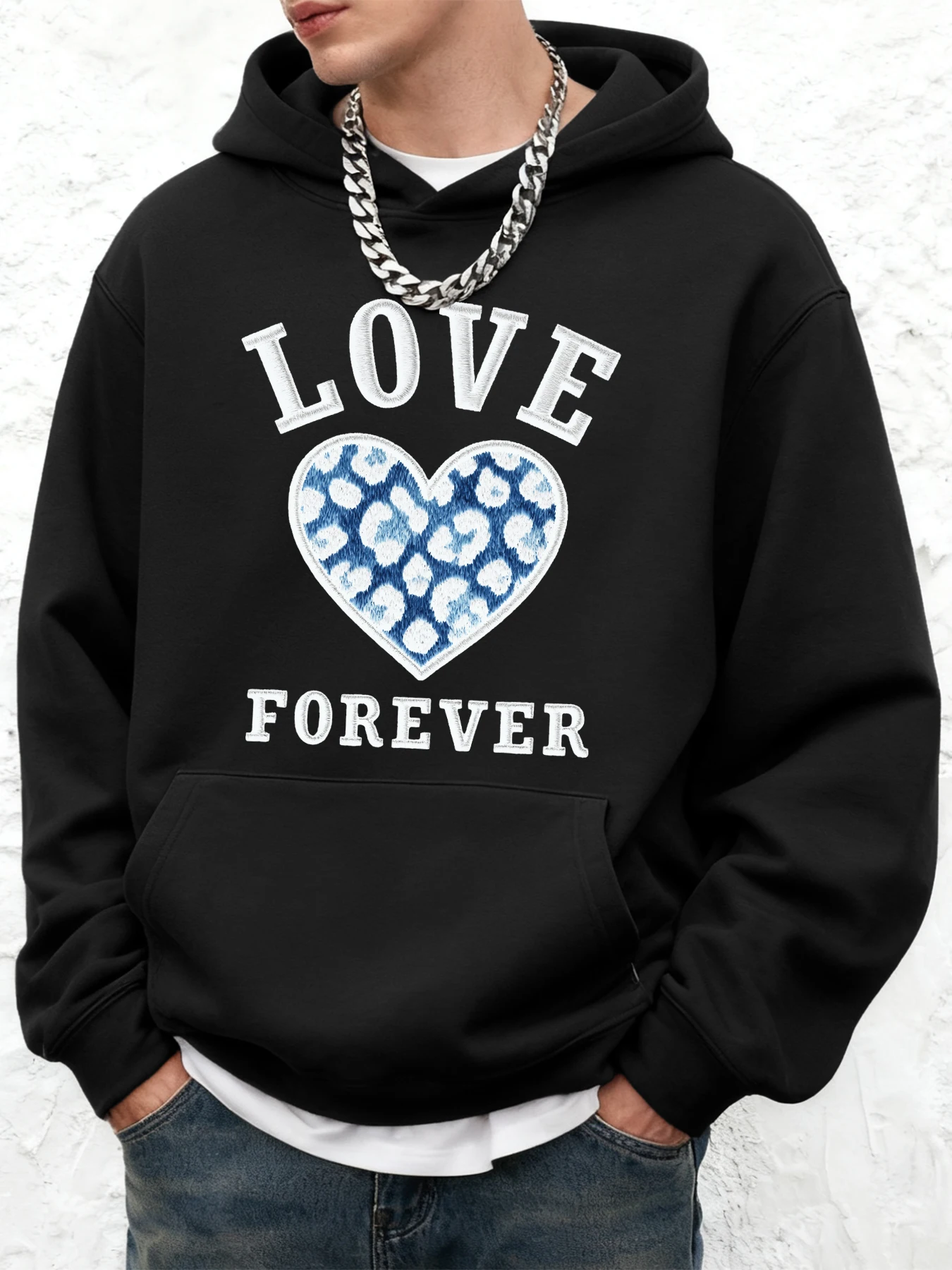 Męskie bluzy z kapturem z kreatywnym wzorem w panterkę, motywem miłości na zawsze, ciepłe, z kieszenią, luźne, codzienne ubrania sportowe z grubej bawełny.