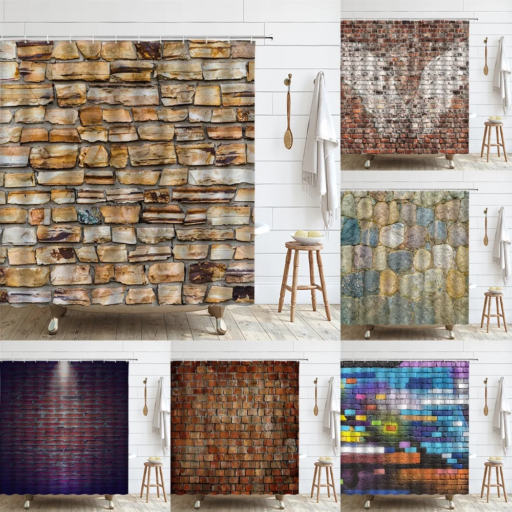 

Stone Brick Wall Bathroom Shower Curtain Fabric Waterproof Garden Vintage Background Screens Home Decor Bath Curtains With Hooks