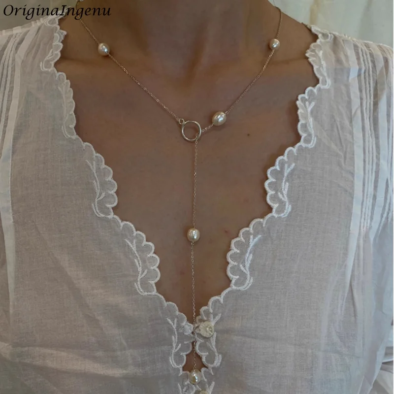 

925 Silver/14K Gold Filled Organic Pearl Long Necklace Handmade Pearl Pendants Tarnish Resistant Jewelry Hypoallergenic Necklace