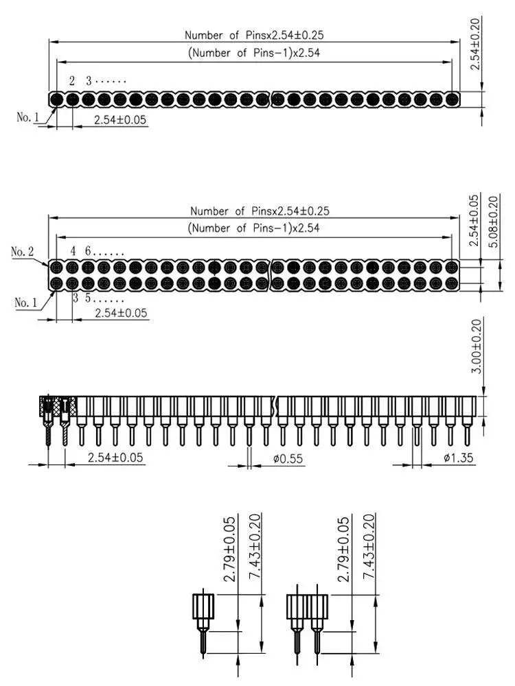 1 Stück runde Stiftleiste, weiblich, 1x40-polig, Rastermaß 2,54 mm, einreihig, vergoldet, doppelseitig – Detail 1