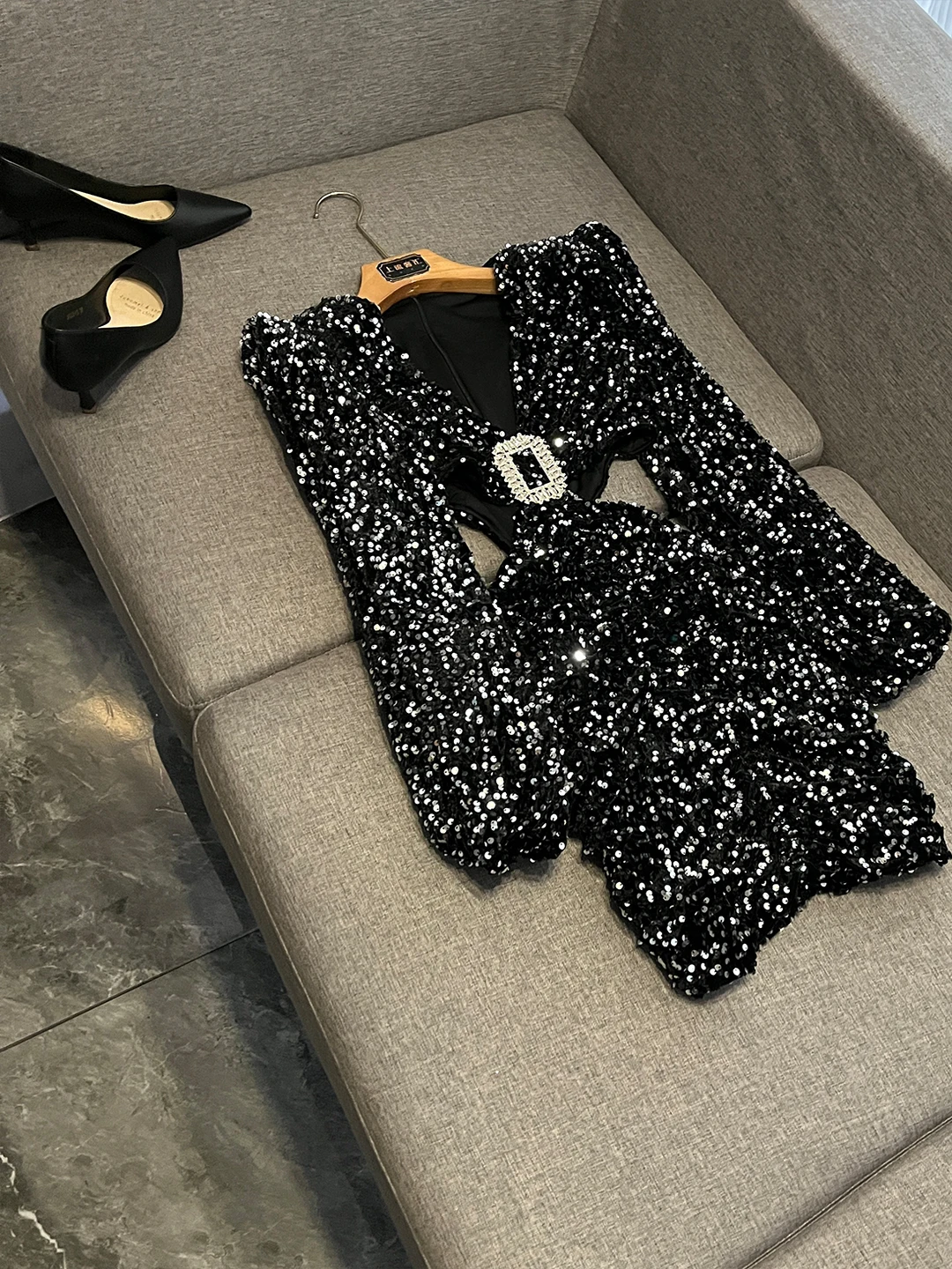 Robe de soirée Sexy et scintillante, ajourée, taille barée, perlée, pour femmes, Par Wear, longueur ort, imprimé Floral, OK348