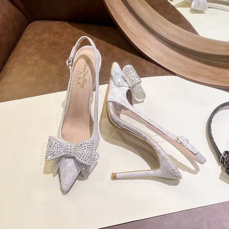 

White women's wedding shoes with thin heels and pointed crystal bows French sandals with toe caps summer bridal shoes high heels