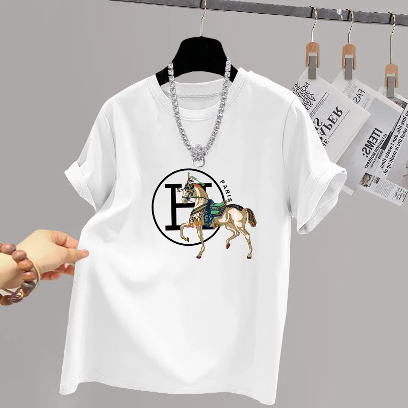 

Summer Cartoon Fashion Printed Cotton T-shirt Short Sleeve Loose Casual Oversized Tops Women Chic Y2k Basic Pullover Tees