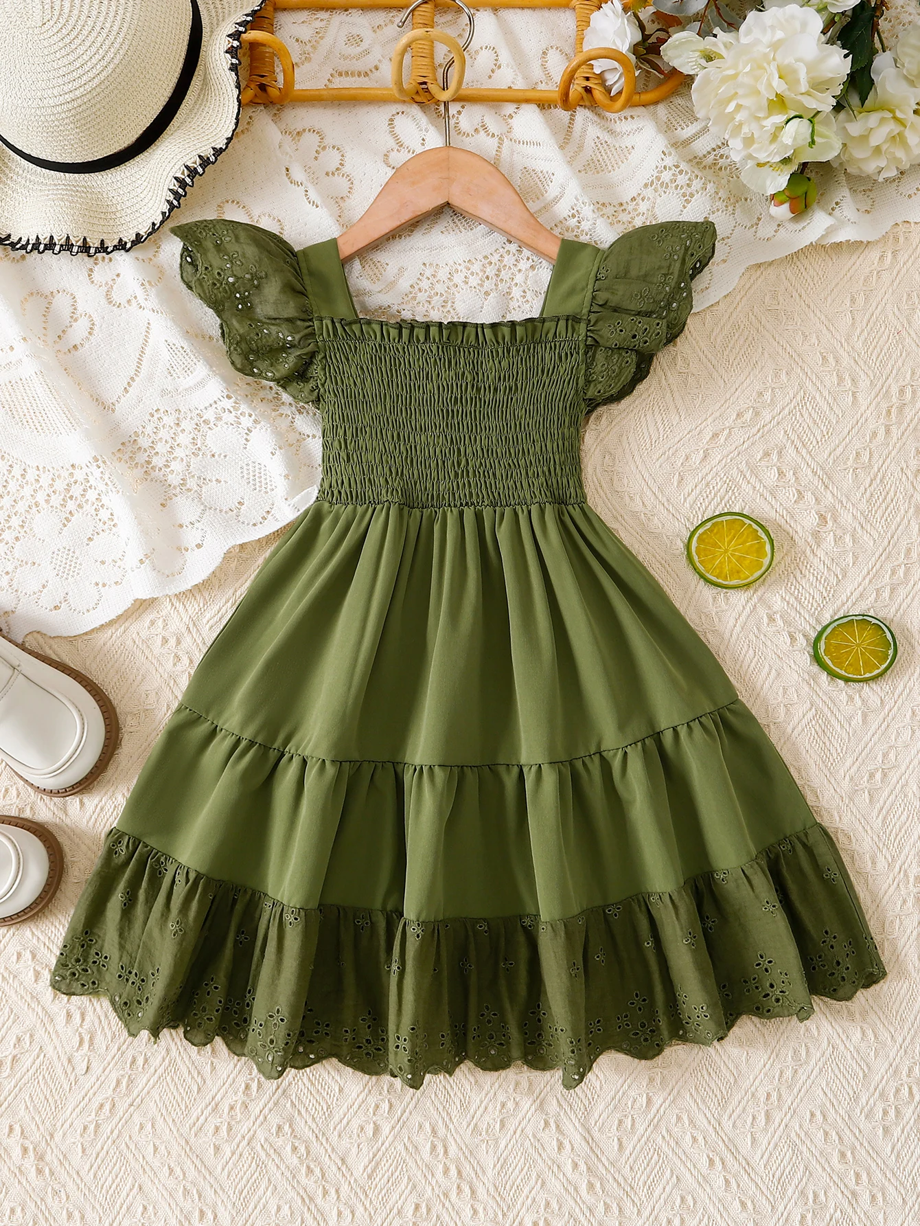 1pc Summer Girls Olive Green Lace Ruffle Sleeve Tiered Dress, Square Neck Smocked Waist, Sweet Boho Style, Casual/Party Wear,