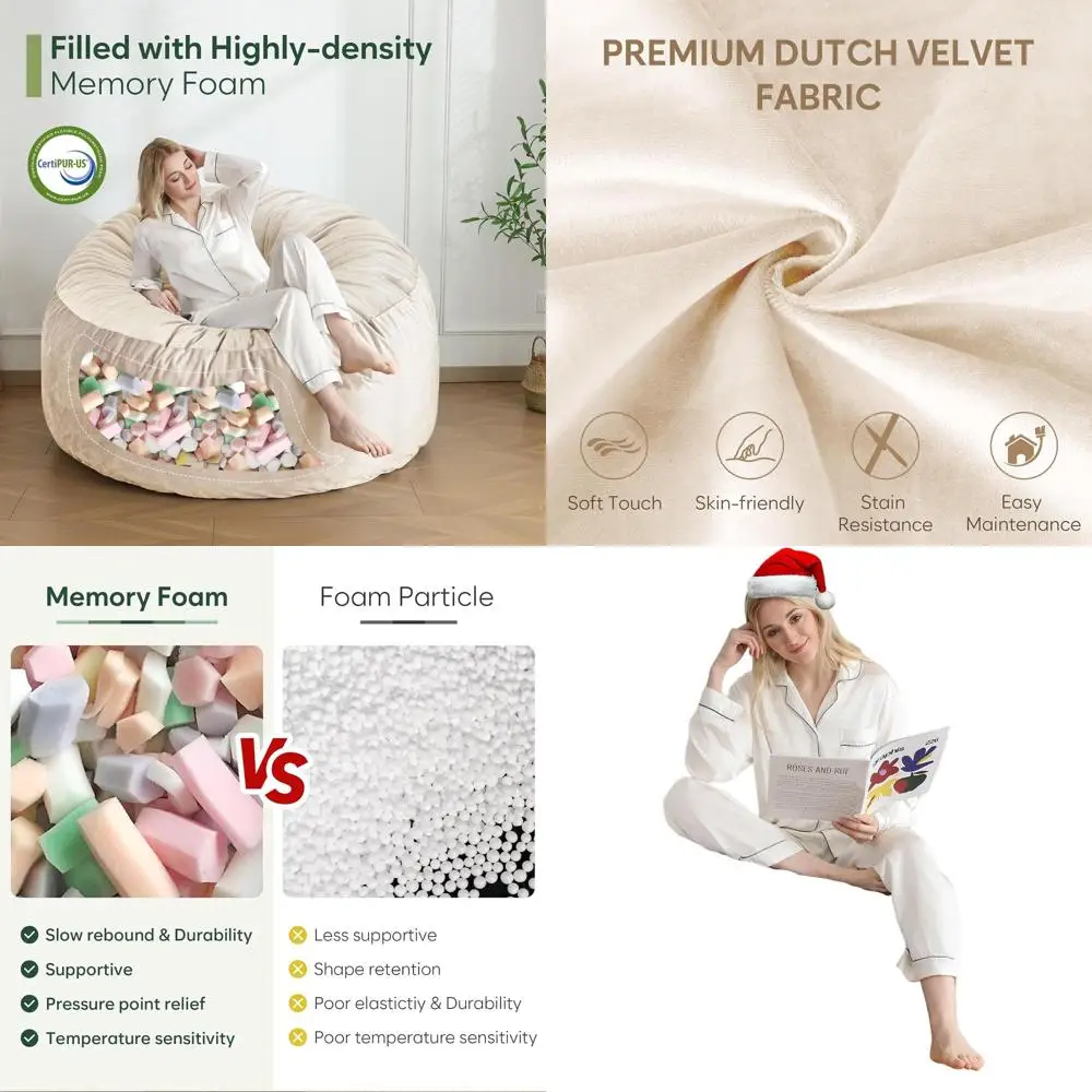 3-Foot Adult Memory Foam Bean Bag Chair with Dutch Velvet Cover and Included Filling, Beige