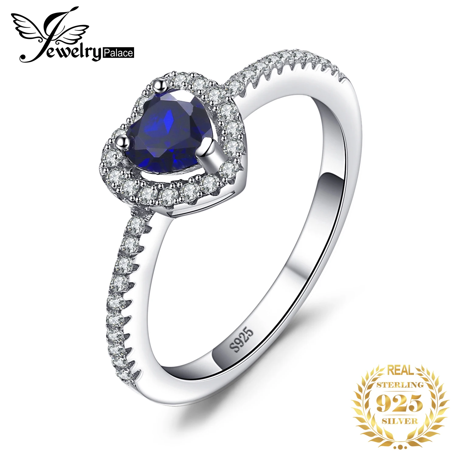 JewelryPalace Heart Created Blue Sapphire 925 Sterling Silver Halo Ring for Women Gemstone Fine Jewelry Wedding Engagement Gift