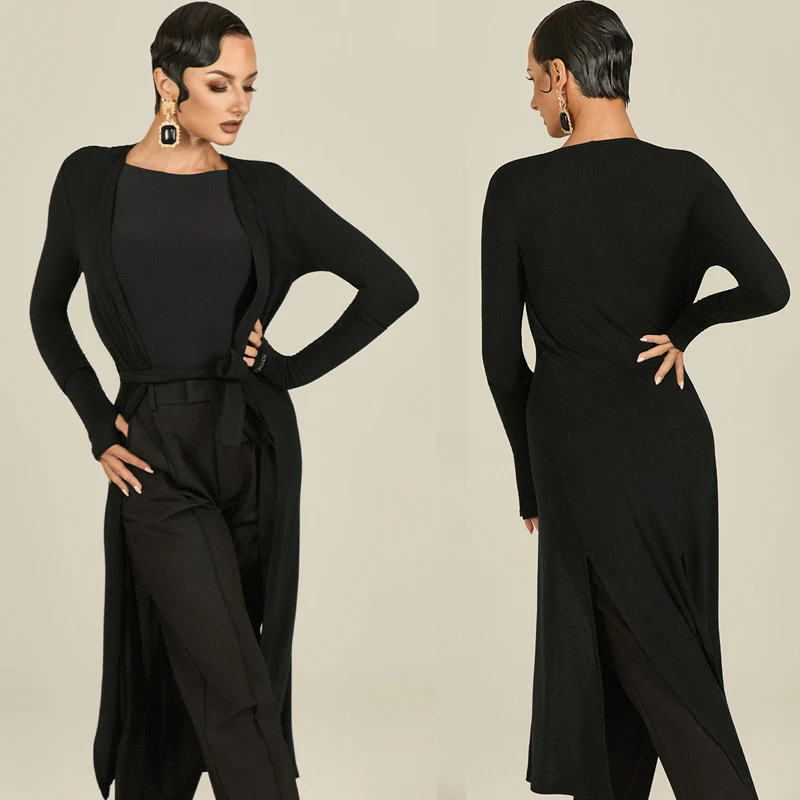 

Новая одежда для латинских танцев, женское длинное пальто с длинными рукавами, черный кардиган для взрослых, румба, одежда для бальных танцев, зимняя одежда