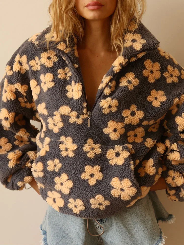 

Женская свободная спортивная одежда на молнии с воротником-стойкой, осенняя новая мода, пуловер с длинными рукавами и цветочным принтом, повседневная уличная толстовка с карманами