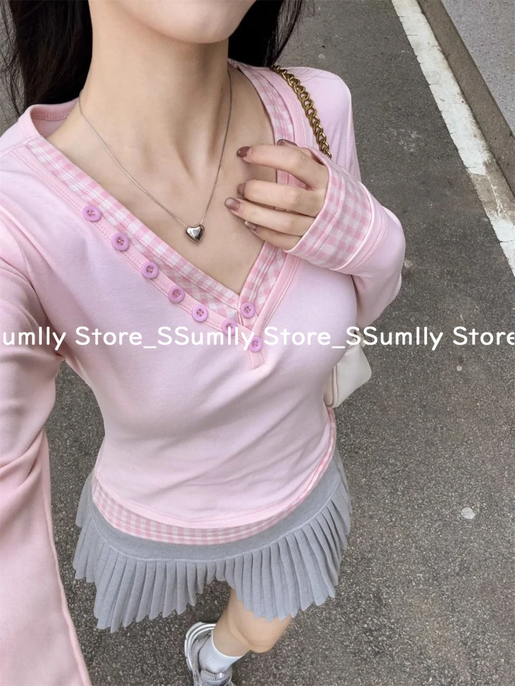 Pink V-neck Fake Two Long-sleeved T-shirts Women Spring New Slim Plaid Stitch Tops Korean Design Casual Underwear Clothes 2025