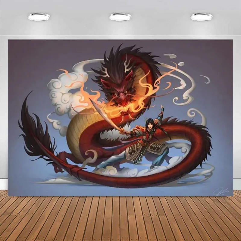 

Fantasy World Medieval Background Dragon and Human Banner Mythology Theme Decoration Birthday Party Bedroom Backdrop Photography