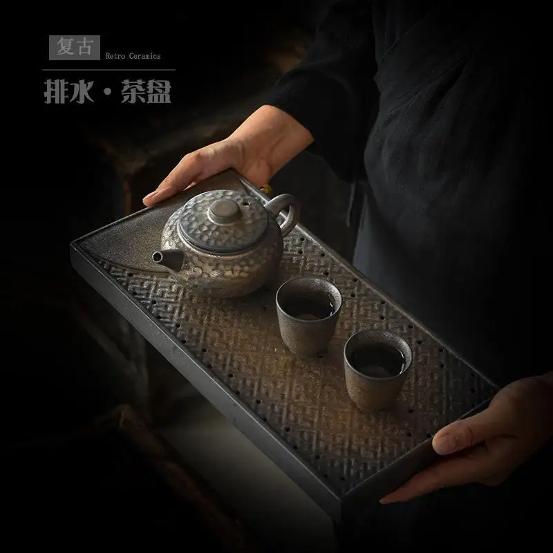 Ceramic Dry Pour Tea Tray Retro Tea Table Rectangular Water Storage Tea Tray Household Water Draining Tray Japanese Simple Tea P