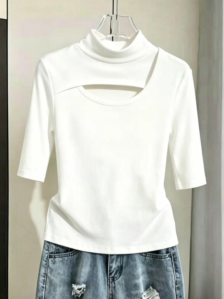 

Women's Mid-Sleeve Base Shirt Hollow out Design Halved High Collar Summer Simple Style Inner Wear Top Five Sleeve T-Shirt