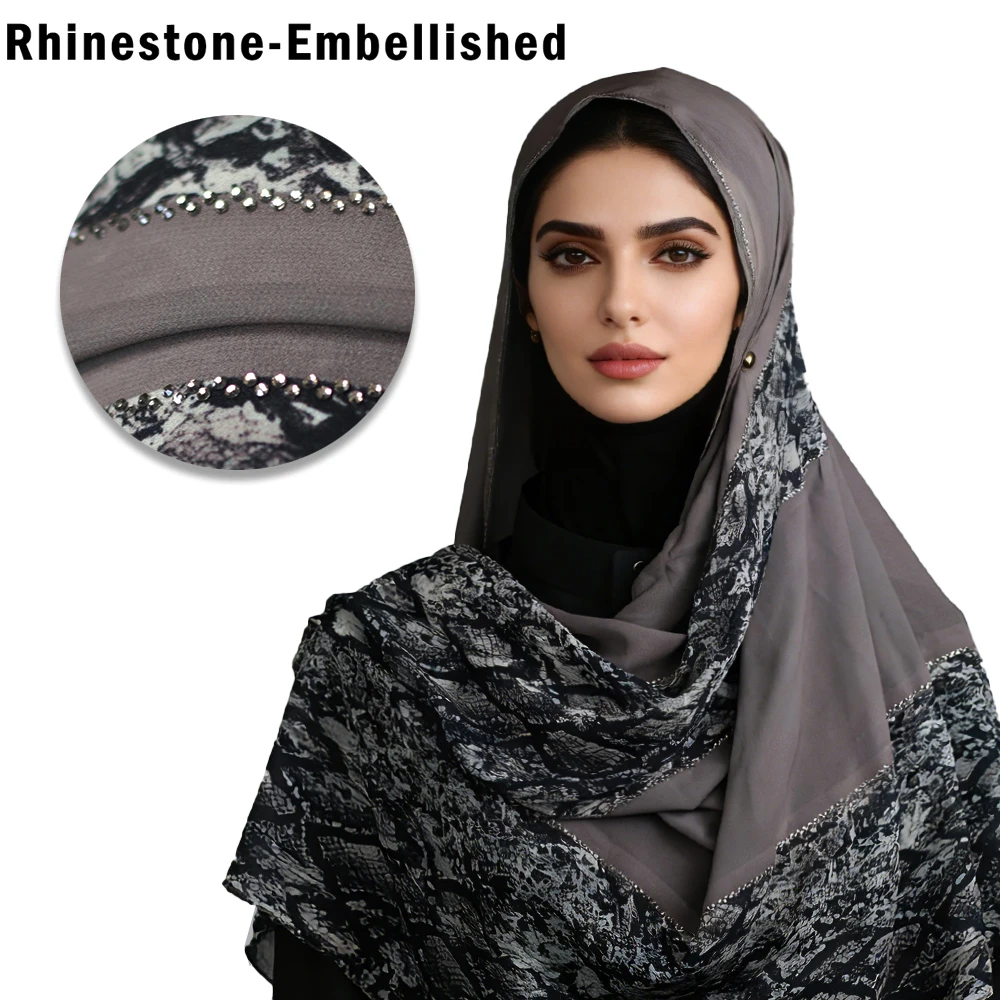 

Хиджаб с принтом серо-коричневого питона, украшенный стразами — коричнево-серый змеиный узор с хрустальными акцентами, ультра-мягкая шифоновая вуаль2613-2