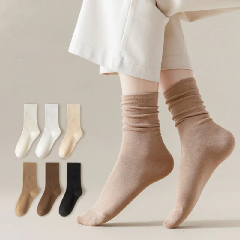 5 Pairs Set Cotton Socks Medium Tube Knitted Loose Long Soft Solid Color Crew Casual Sock Black White Breathable Spring Autumn