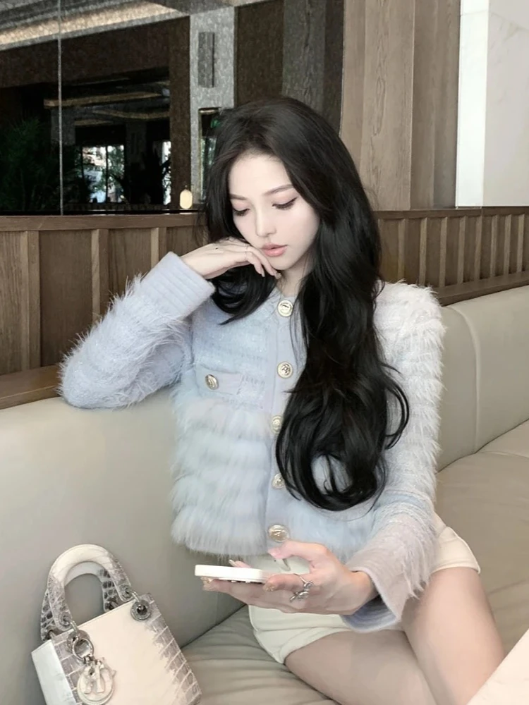 New Autumn Women Real Fox Fur Knitted Cardigan Jacket Luxury Fashion Knitting Sweater Coat Short Slim Female Top Clothing