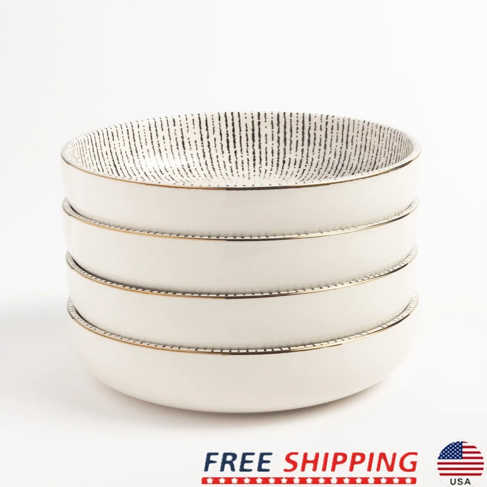 

Elegant Stoneware Bowls Set of 4 Low Bowls Salads Pasta Soup Dishwasher Safe Durable Modern Design Ideal Family Meals