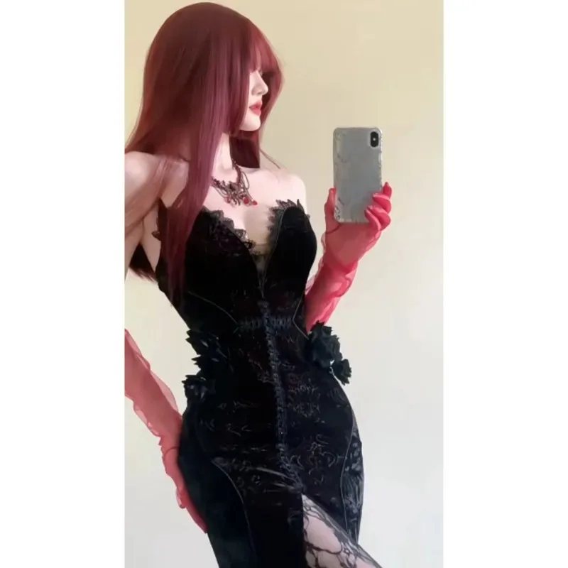 Set 2 Potong Gaya Dark Y2k dengan Renda, Cardigan Chic dengan Selendang, Gaun Panjang Bergaya Gothic Seksi dengan Tali Bandeau, Set Gaun Musim Panas 2025 ir;l5