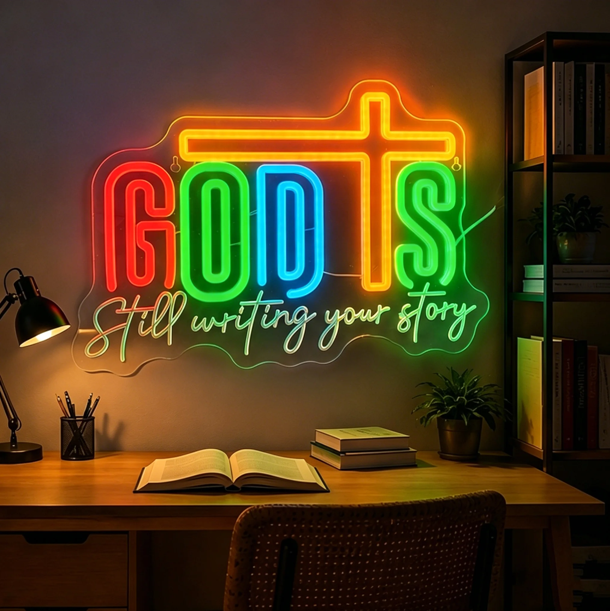 A neon sign reading “God is writing your story,” perfect as wall decor for bedrooms, home offices, or parties