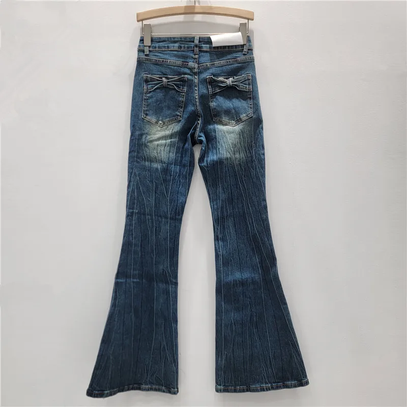 Americano cintura baixa queimado jeans para mulheres outono lavado angustiado fino ajuste calças jeans moda retro laço apliques calças