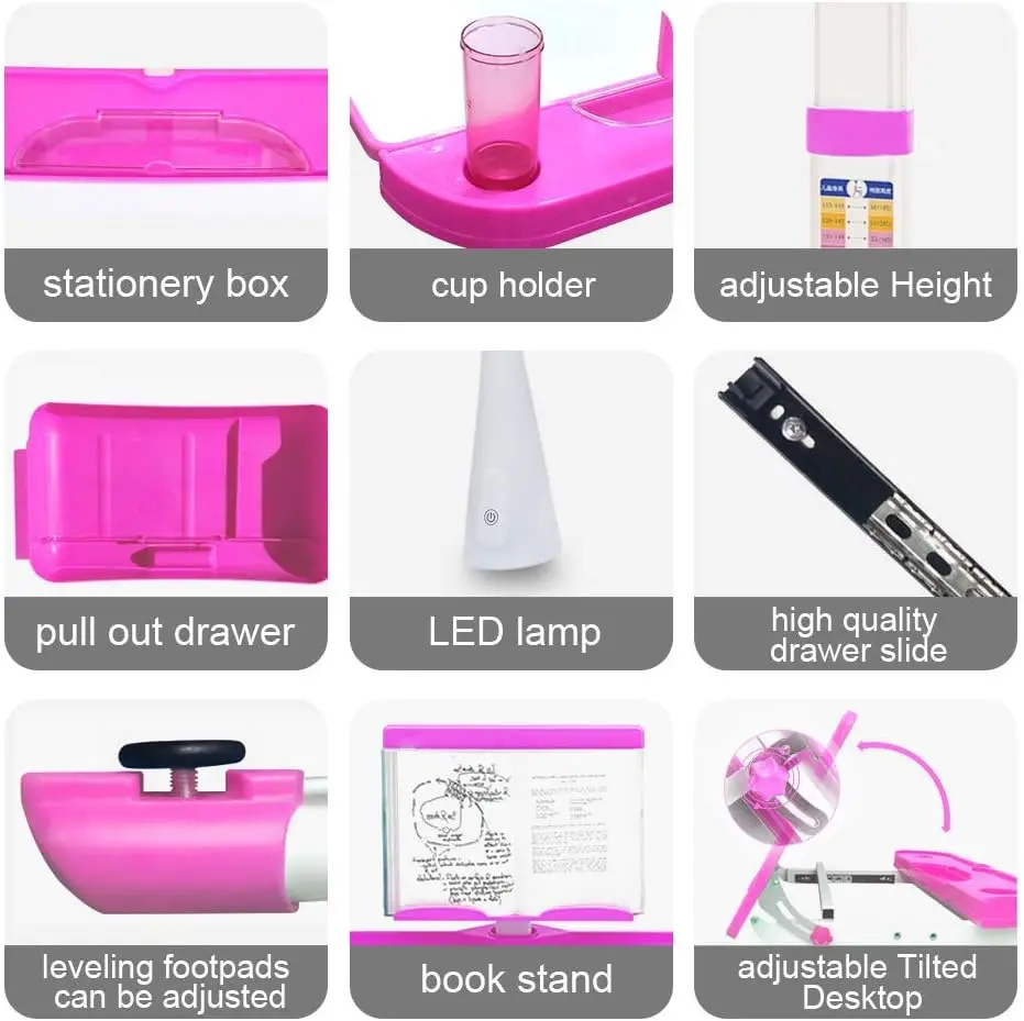 مجموعة مكتب وكرسي عملي للأطفال، مكتب دراسة مدرسي مريح قابل للتعديل للأطفال مع سطح مكتب مائل، حامل كتب