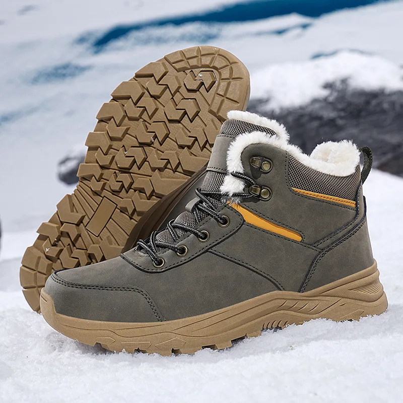 Men's  Fleece-Lined Warm Lace-Up High-Top Snow Boots Leather Non-Slip Wear-Resistant Outdoor Boots Dual-Purpose  Snow  Hiking,