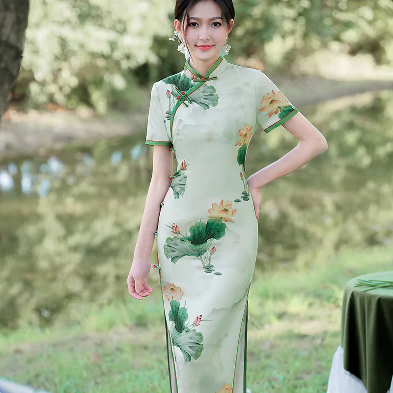 

2023 Summer Qipao Long Young Girls Chinese Style Vintage Improved Cheongsam Performance Catwalk Banquet Evening Dress for Women