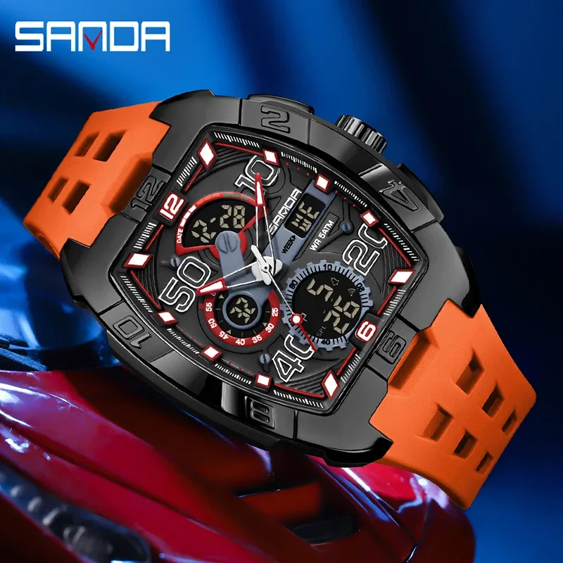 SANDA Fashion Watch for Man Tonneau Dial Multi-function Dual Display LED Luminous Sports 5Bar Waterproof Military Students Watch